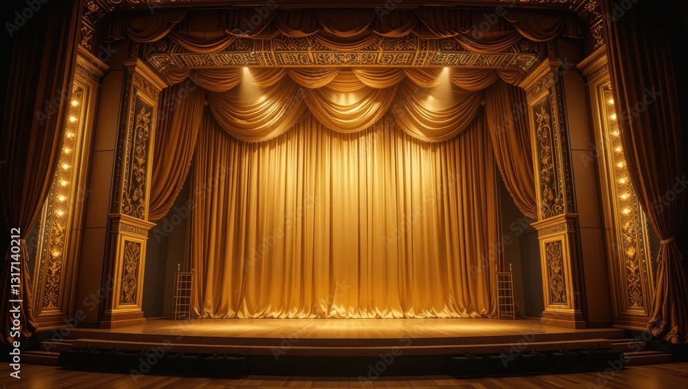 Fototapeta premium Elegant Golden Curtain Stage Set Ready for Dramatic Performance in Grand Theater