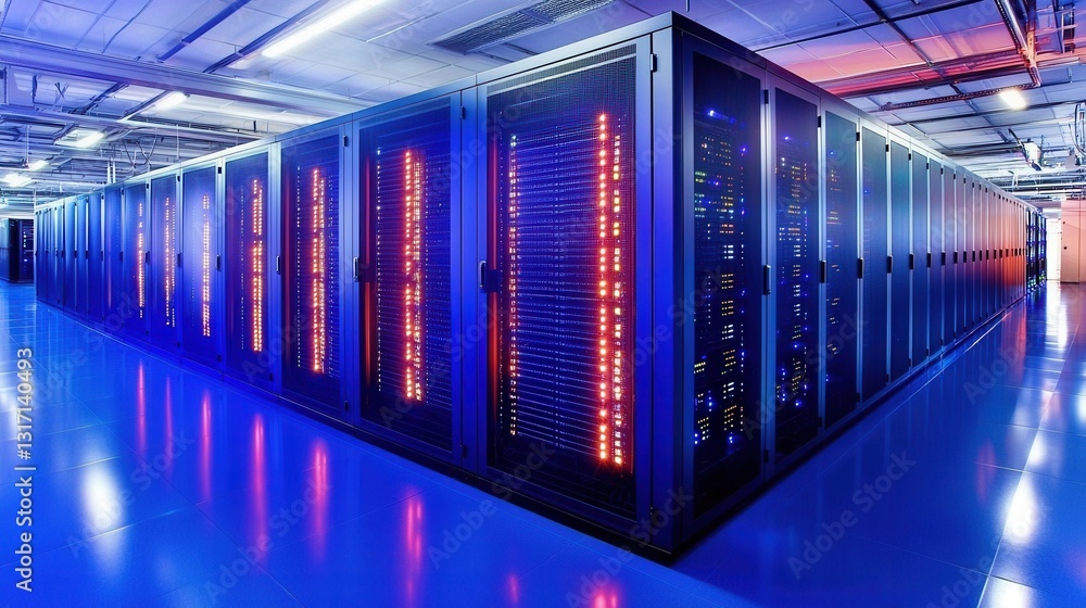 Fototapeta premium Modern Data Center with Rows of Servers and Colorful LED Lights
