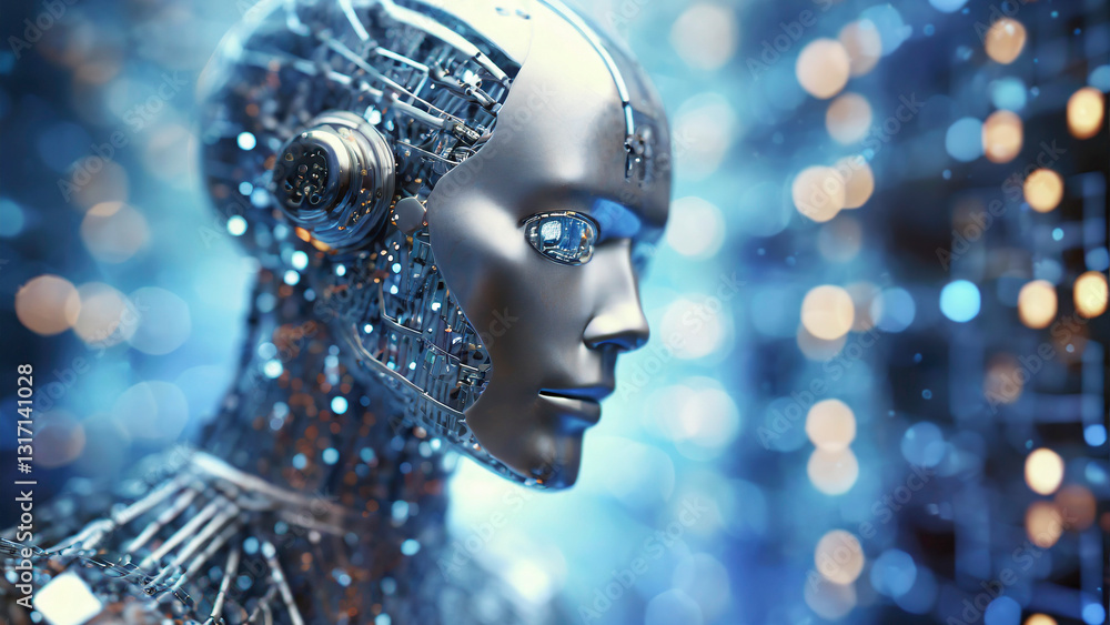 3d rendering robot artificial intelligence cyborg with colorful bokeh background