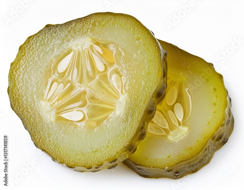 marinated pickled cucumber slices isolated on white background with full depth of field top view flat lay