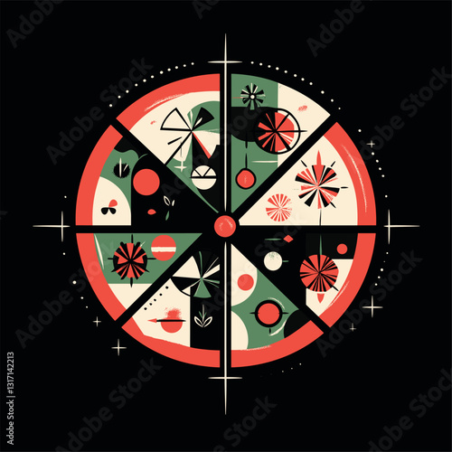 abstract pizza, stylish mid century art design with green white red colors, minimalist 2d flat vector illustration, geometric shapes, on black background