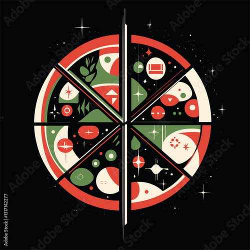 abstract pizza, stylish mid century art design with green white red colors, minimalist 2d flat vector illustration, geometric shapes, on black background