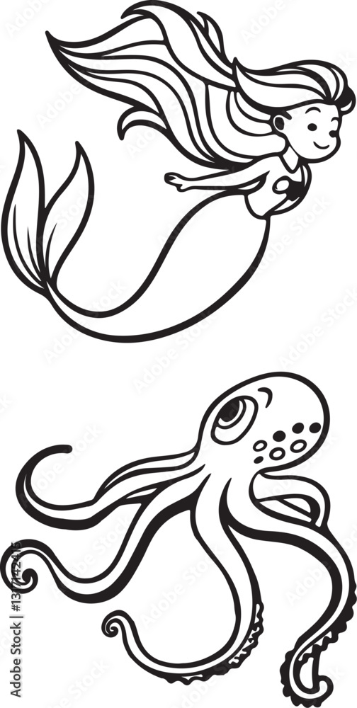 Obraz premium Vector art coloring pages for kids, showcasing playful mermaids and octopuses in a fun, imaginative design