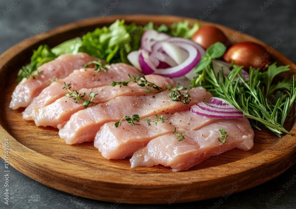 Preparing Chicken Breast Slices with Herbs and Red Onion on Wood Plate Preparing Chicken Breast Slices with Herbs and Red Onion on Wood Plate