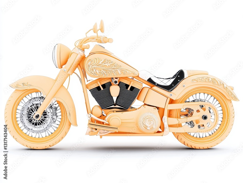 Naklejka premium Beige Custom Motorcycle with Ornate Details on White Background
