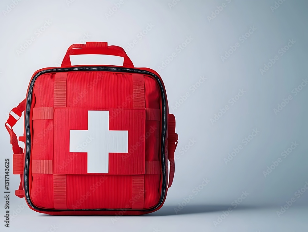 Fototapeta premium A red first aid kit with a white cross symbol, positioned against a light background, emphasizing safety and emergency preparedness.