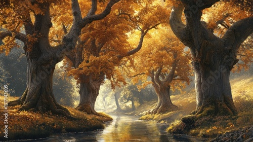 Golden autumn riverbend with colossal trees casting reflections in water