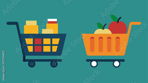 Shopping Cart A luxurious shopping cart filled with gourmet products on one side and a halfempty cart with basic groceries on the other purchasing power differences.