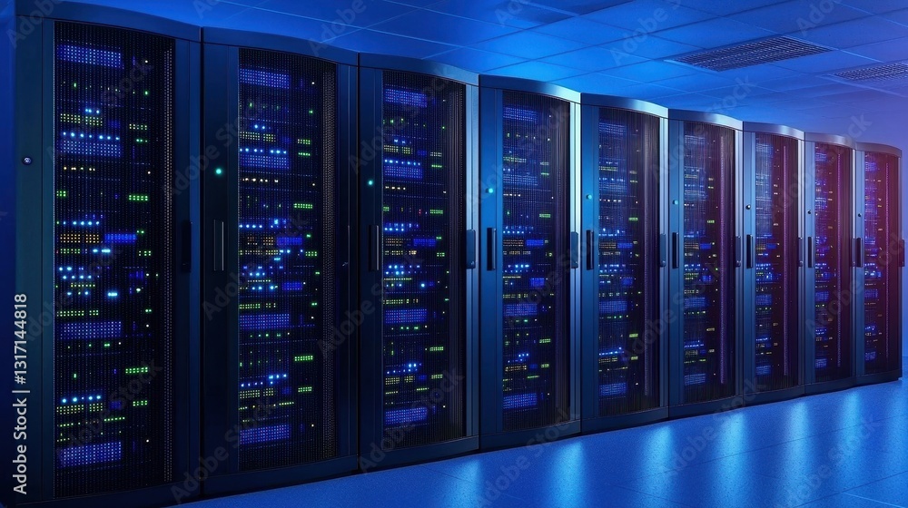 High-Tech Data Center with Rows of Server Racks Illuminated by Lights High-Tech Data Center with Rows of Server Racks Illuminated by Lights