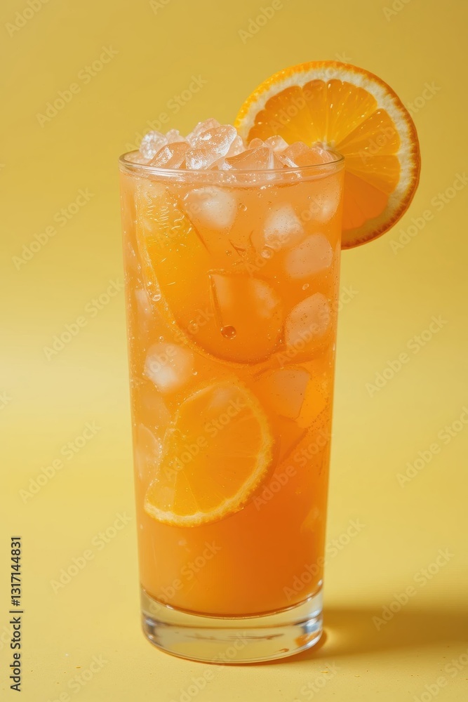 Refreshing Orange Beverage with Ice and Slices in a Tall Glass Against a Vibrant Yellow Background Refreshing Orange Beverage with Ice and Slices in a Tall Glass Against a Vibrant Yellow Background