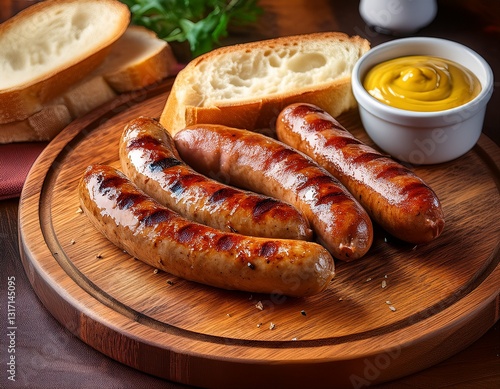 grilled sausages with mustard and bread on a wooden board bratwurst sausage