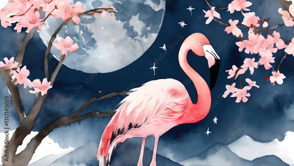 Pink bird flamingo standing in water. Wildlife animal scene in nature. illustration. Generative AI