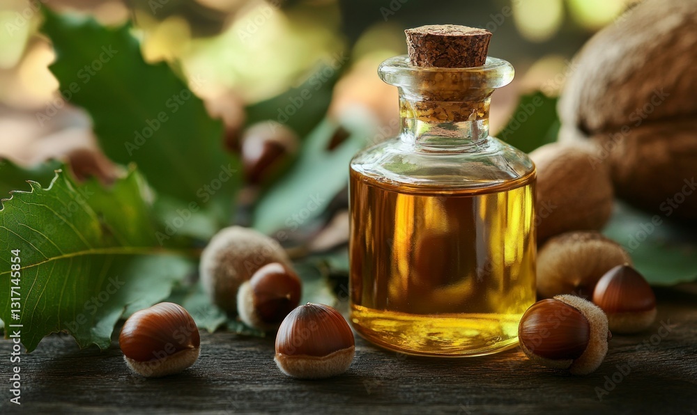 Hazelnut Oil in Glass Bottle with Nuts and Leaves on Wood Hazelnut Oil in Glass Bottle with Nuts and Leaves on Wood