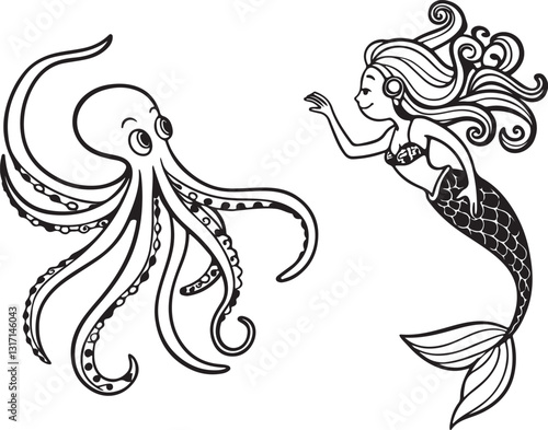 Vector art coloring pages for kids, showcasing playful mermaids and octopuses in a fun, imaginative design
