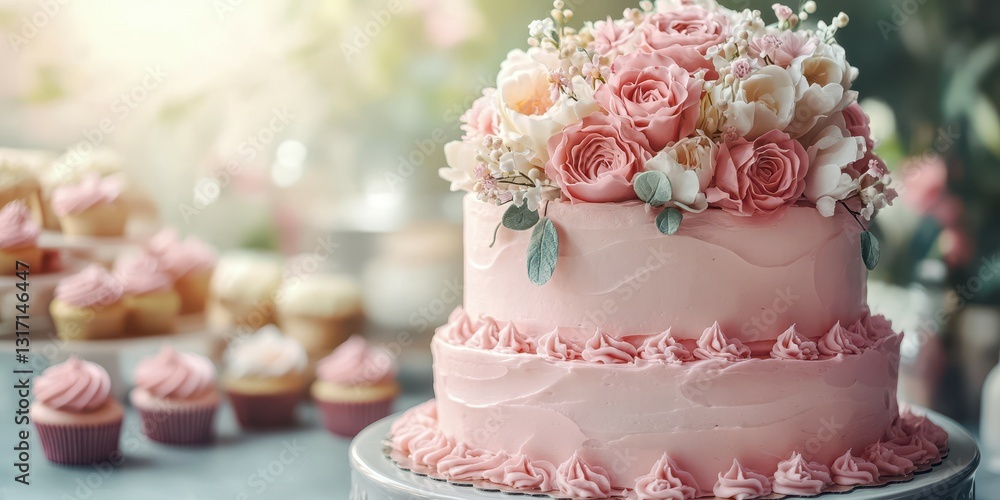 Fototapeta premium Elegant pink floral cake adorned with roses at a celebratory event on a bright afternoon
