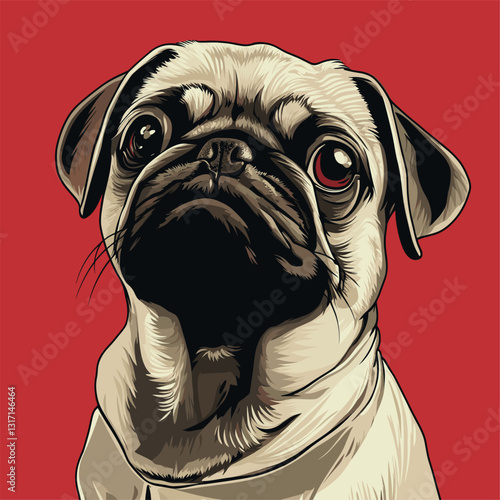 A pug in a tuxedo, pop art style, with a red background.