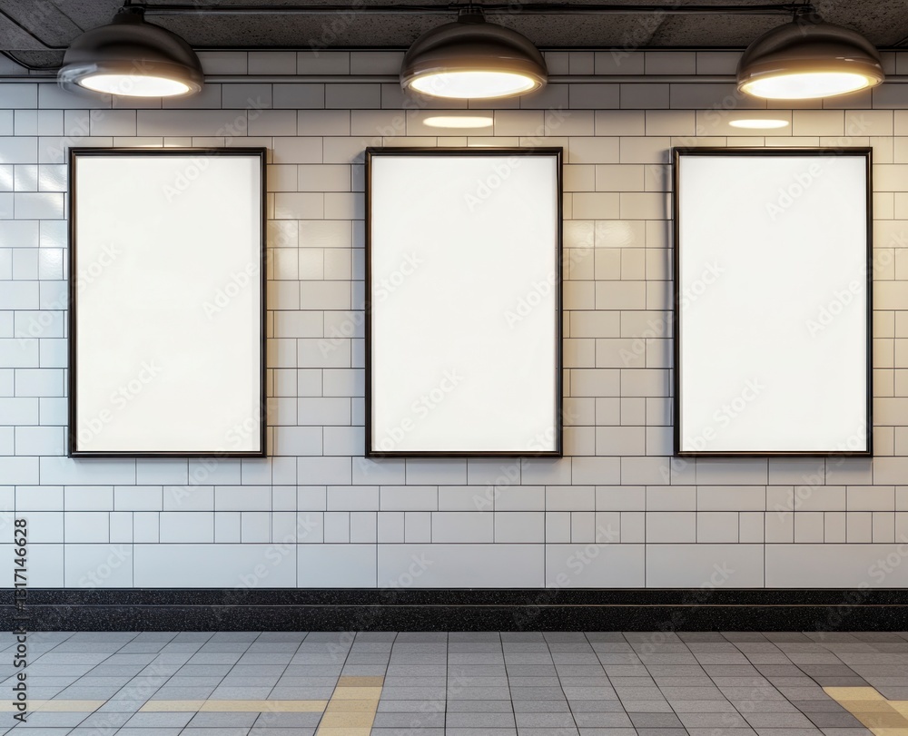 Three Blank Posters in Subway Station Setting for Mockup Advertising Three Blank Posters in Subway Station Setting for Mockup Advertising