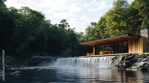 Modern house by waterfall in forest.