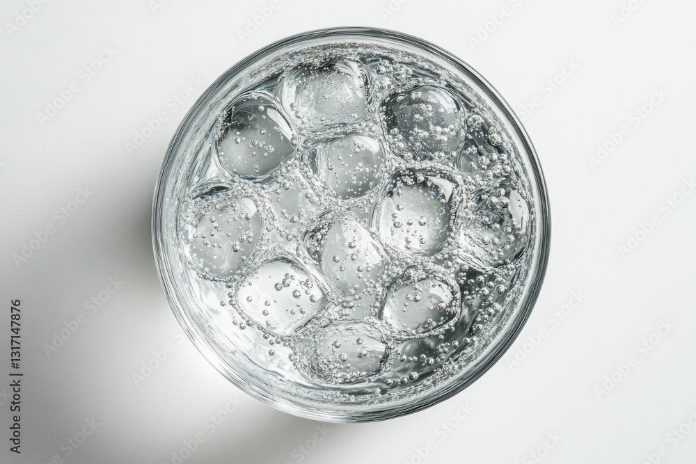 A glass of sparkling water with ice cubes, refreshing and bubbly. A glass of sparkling water with ice cubes, refreshing and bubbly.