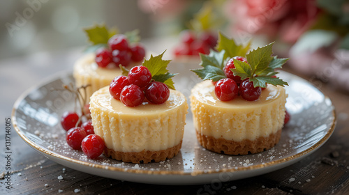 Indulge in these charming mini cheesecakes adorned with red berries and holly leaves.