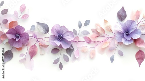 Wallpaper Mural Delicate Paper Flowers and Leaves Border, Purple Pink Pastel Shades on White Torontodigital.ca