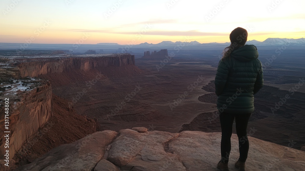 Fototapeta premium Canyonlands Sunrise Solitude: A Woman Contemplates Vast Desert Landscape