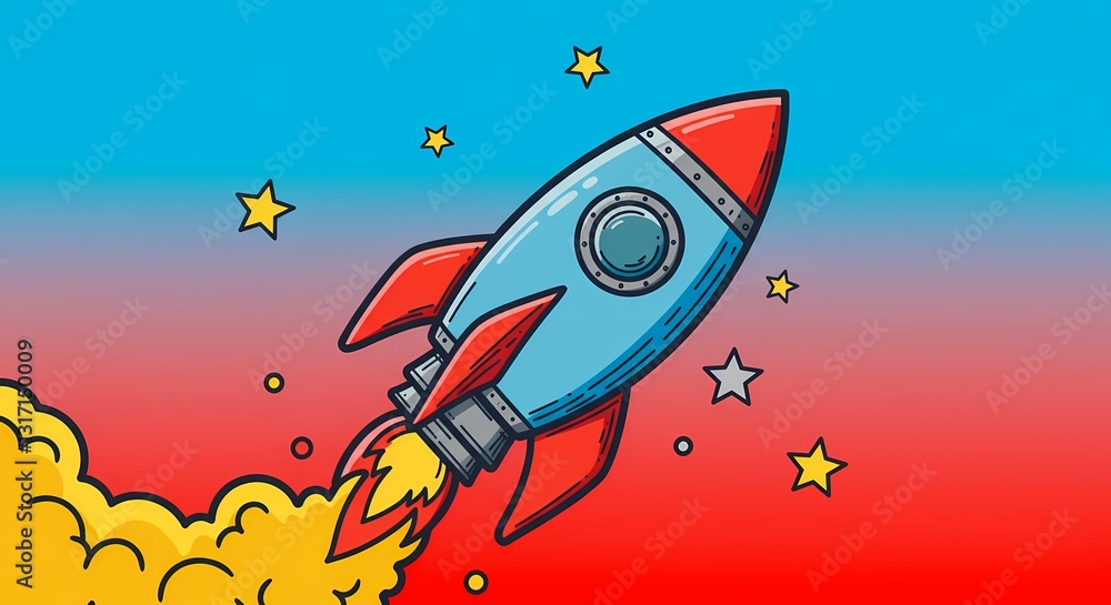 Fototapeta premium Vibrant Modern Rocket Illustration with Dynamic Motion Lines and Bright Gradients, Space Exploration Theme for Tech Websites, Posters, Educational Content – High-Quality