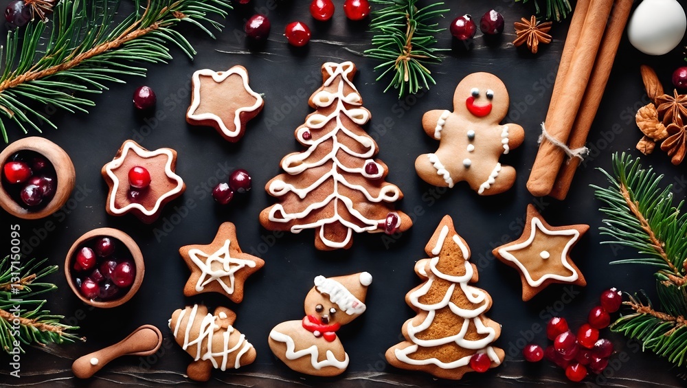 Homemade gingerbread cookies. Winter composition. New Year or Christmas. Top view flat lay. Generative AI