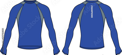 Long sleeve Compression running base layer top t shirt flat sketch design illustration, Tight fit top design vector template, Active wear compression top concept with front and back view