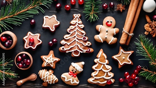 Obraz na płótnie Homemade gingerbread cookies. Winter composition. New Year or Christmas. Top view flat lay. Generative AI w salonie