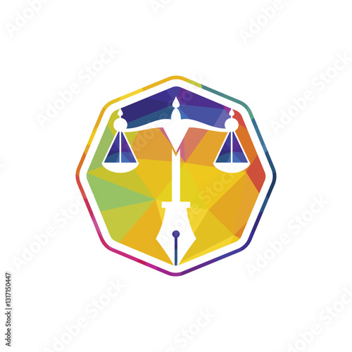 Law logo vector with judicial balance symbolic of justice scale in a pen nib. Logo vector for law, court, justice services and firms. 