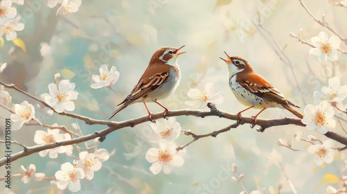 The scene of birds chirping among flowers