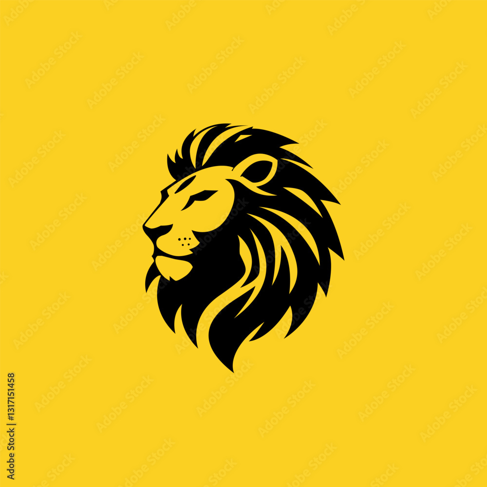 Fototapeta premium Powerful lion head logo in tribal style with bold black lines on a striking yellow background. Perfect for branding, sports teams, t-shirts, tattoos, and digital design. High-quality vector, scalable,