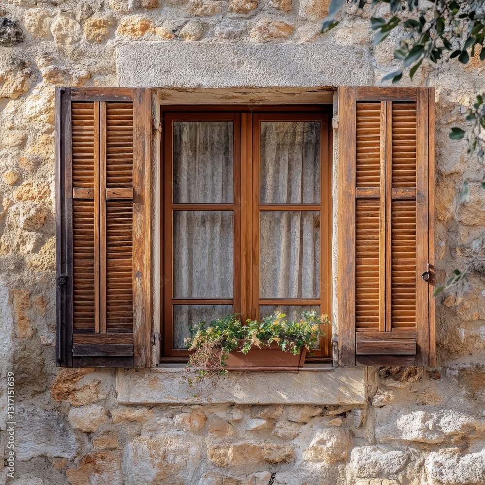 Mediterranean house with wooden shutters and stone wall. Mediterranean house with wooden shutters and stone wall.