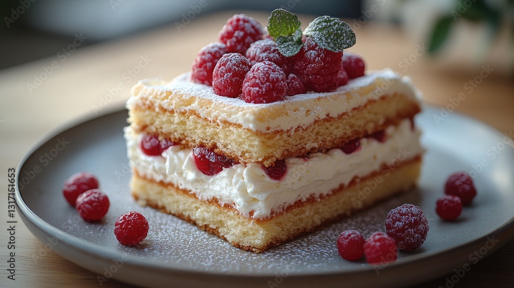 A slice of vanilla cake with creamy frosting sits on a white plate. A slice of vanilla cake with creamy frosting sits on a white plate.