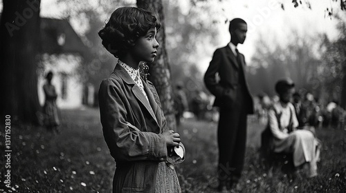 Pensive Young Girl in a Park, Black and White