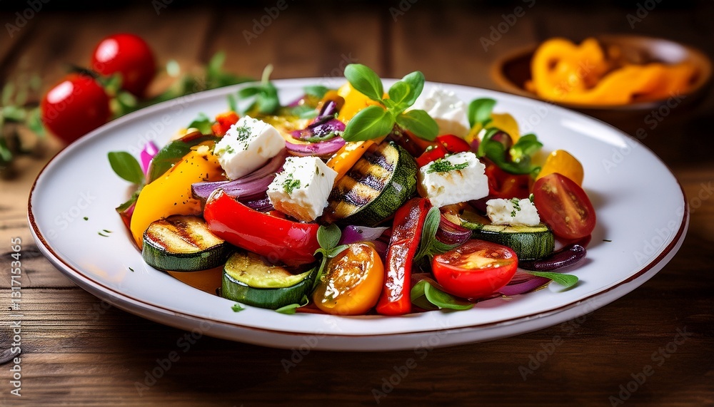grilled vegetables salad with feta cheese in white plate wooden background copy space generative ai grilled vegetables salad with feta cheese in white plate wooden background copy space generative ai