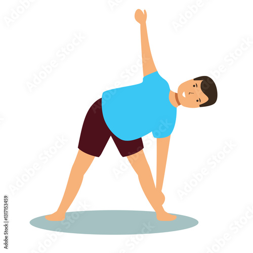 a little boy is standing sideways doing muscle stretching movements