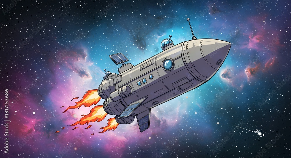 Fototapeta premium Vibrant Modern Rocket Illustration with Dynamic Motion Lines and Bright Gradients, Space Exploration Theme for Tech Websites, Posters, Educational Content – High-Quality