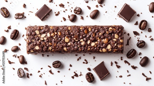 Top angle chocolate snack bar Coffee Mocha Espresso energy bar white background