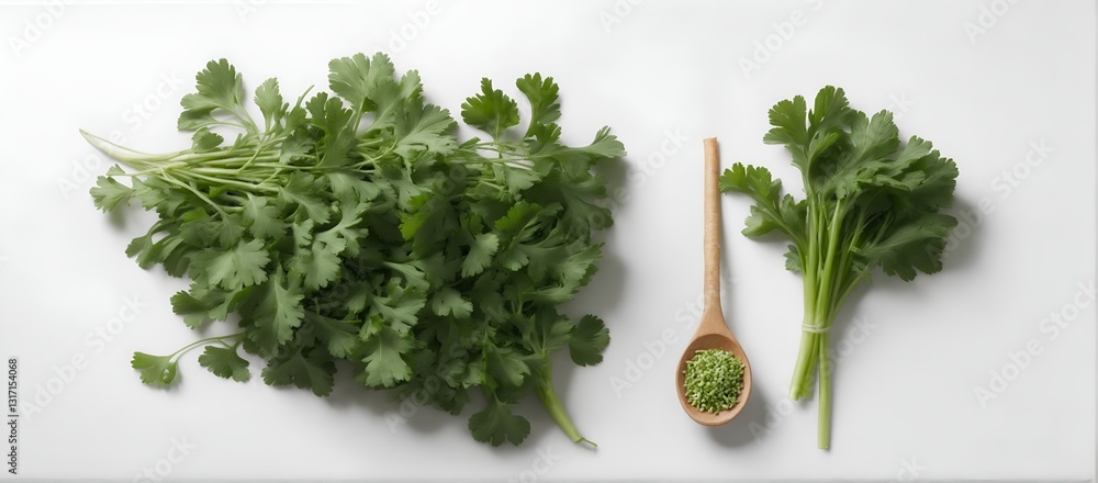 Fresh green vitamin parsley leaves. Herbs and spices. Top view flat lay