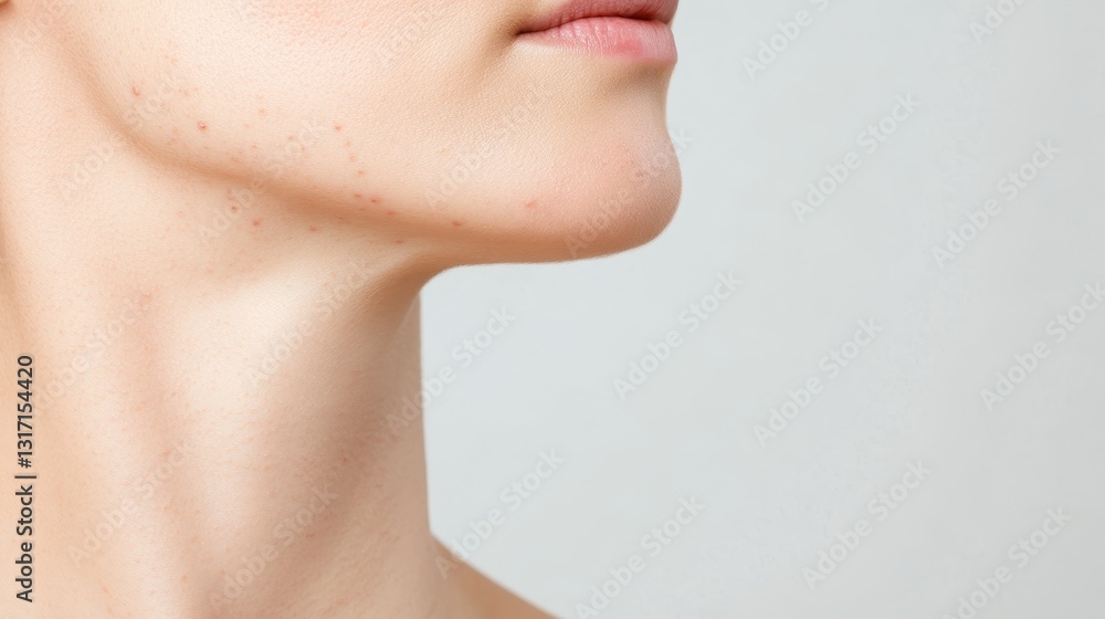 Close up profile view of a woman's chin and neck highlighting acne, blemishes, and skin problems, emphasizing the need for skincare solutions