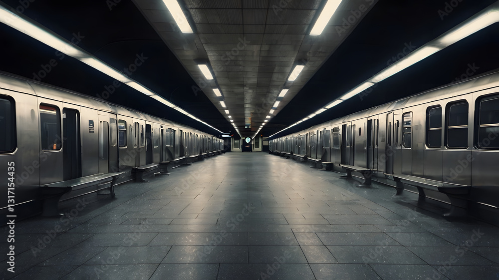 Fototapeta premium Underground Serenity: A perspective view of a modern subway station with parked train, leading lines, and soft, diffused light creating a tranquil and mysterious ambiance. 