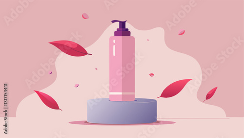Serum Bottle Design A sleek modern bottle of body serum on a pedestal surrounded by illustrations of soft silk or petals to evoke smoothness and luxury.