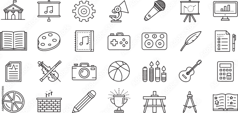 Set of Hobby icon line art black icon Set of Hobby icon line art black icon