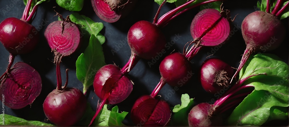 Beet root vegetable on dark. Top view, flat lay.