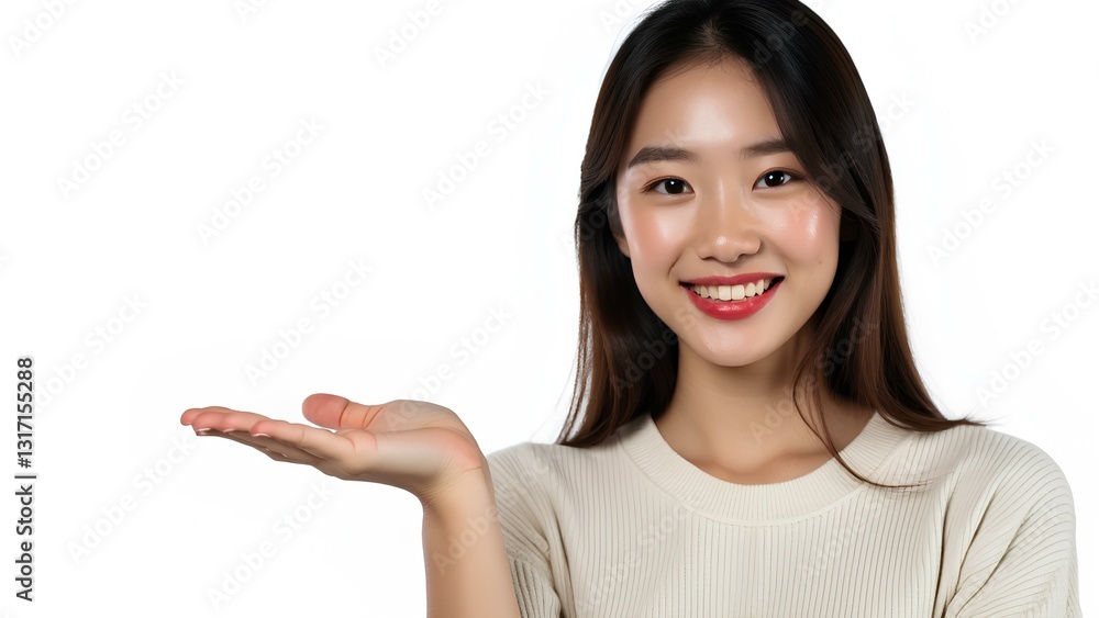 Smiling Woman Gesturing With Hand Against White Background Smiling Woman Gesturing With Hand Against White Background
