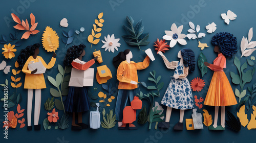 group of diverse women joyfully engaging with colorful paper flowers and leaves, symbolizing unity and creativity. vibrant scene is set against blue background, highlighting intricate paper art