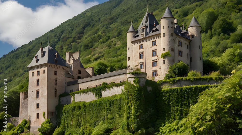 Fototapeta premium Castle on a Hillside: A majestic stone castle stands proudly atop a verdant hillside, its towers reaching for the blue sky, evoking a sense of history and grandeur. The castle's imposing presence.