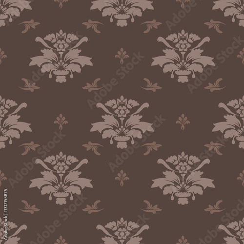 Vector textile design featuring a ikat floral and ornamental pattern in mocha moose tones. The intricate details and flowing motifs create a timeless, sophisticated look, perfect for fabric